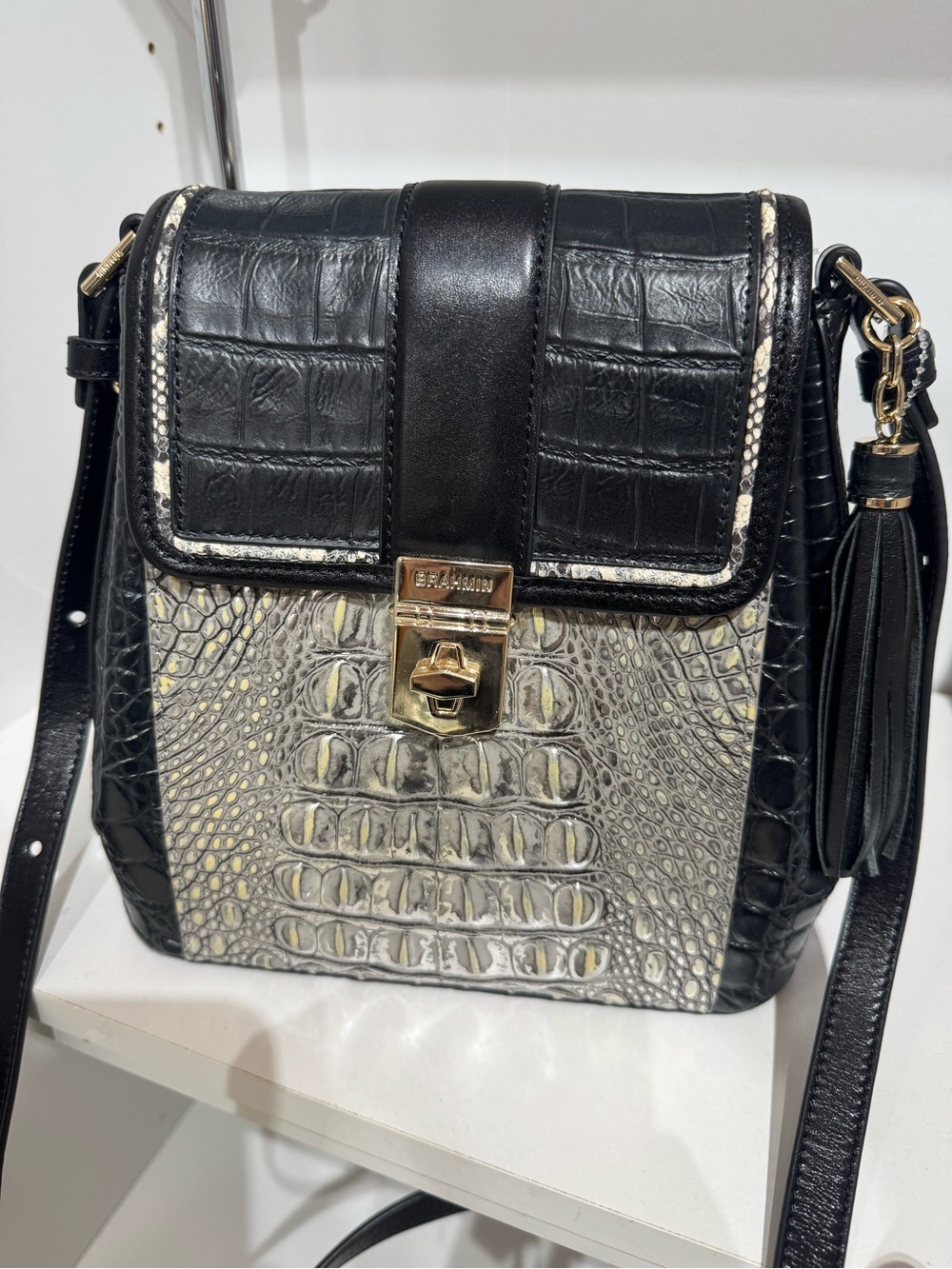 Brahmin Black and Cream Croc-Embossed Crossbody with Gold Hardware